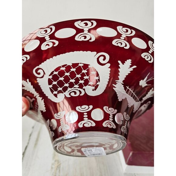 Egermann flair bowl Ruby red cut Bohemian glass deer scene building new - Picture 7 of 9